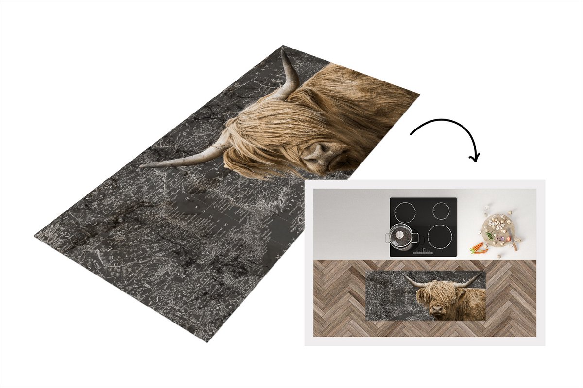 KitchenYeah Keukenloper - Loper keuken - Schotse hooglander - Wereldkaart - Dieren - 120x50 cm - Keukenloper vinyl Multicolor