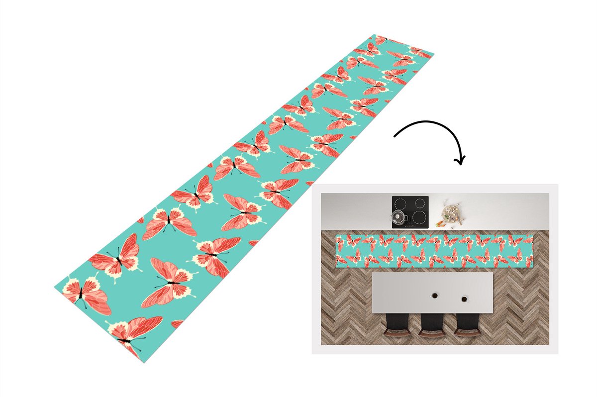 KitchenYeah Keukenloper - Loper keuken - Vlinders - Roze - Patroon - 300x50 cm - Keukenloper vinyl Multicolor