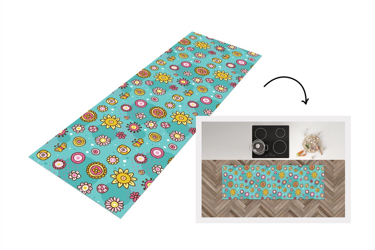 KitchenYeah Keukenloper - Loper keuken - Bloemen - Vlinders - Patronen - 180x60 cm - Keukenloper vinyl Multicolor