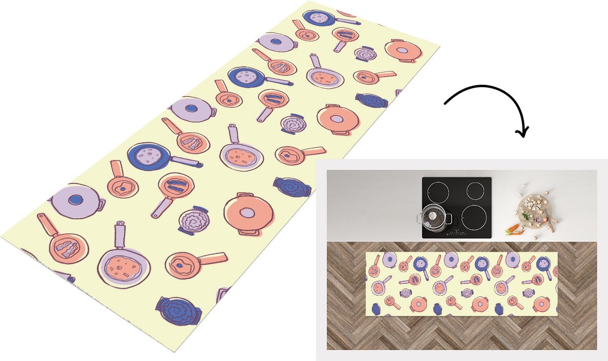 KitchenYeah Keukenloper - Loper keuken - Pan - Jaren 50 - Patroon - Keukenloper vinyl multicolor, foto 4