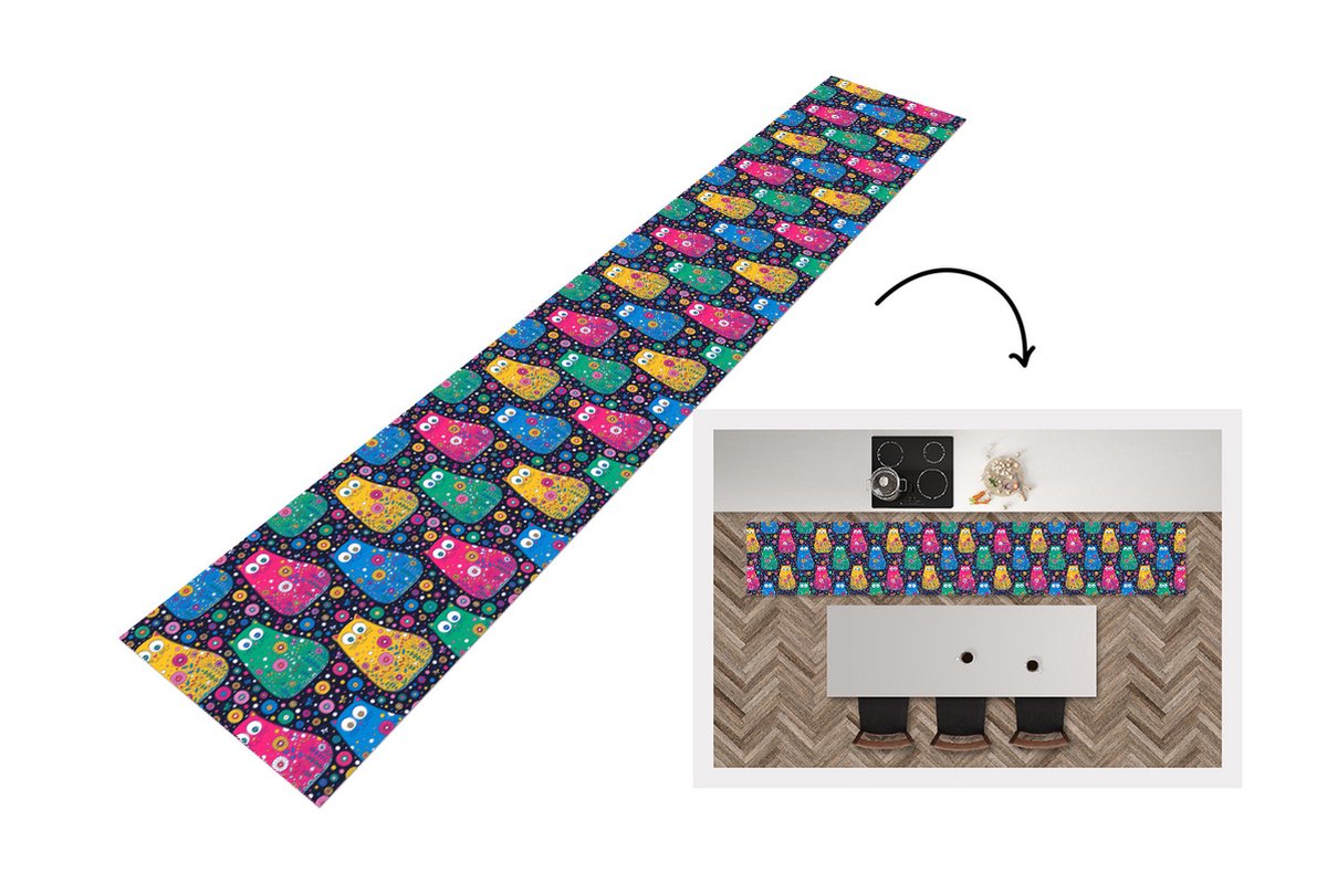 KitchenYeah Keukenloper - Loper keuken - Kat - Regenboog - Bloemen - 300x50 cm - Keukenloper vinyl Multicolor