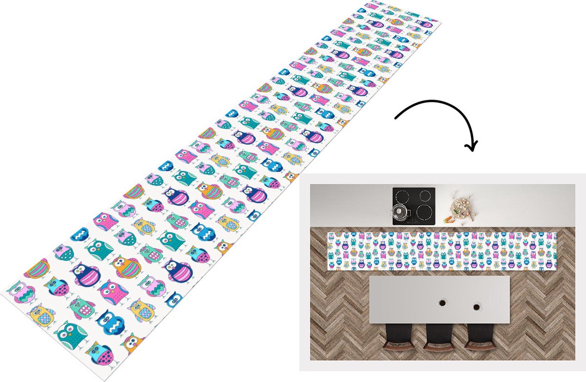KitchenYeah Keukenloper - Loper keuken - Regenboog - Uil - Cartoon - 300x50 cm - Keukenloper vinyl Multicolor