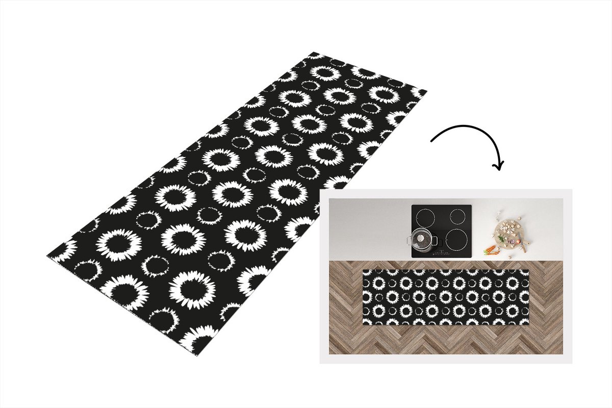 KitchenYeah Keukenloper - Loper keuken - Bloemen - Patronen - Zwart - Keukenloper vinyl, foto 3