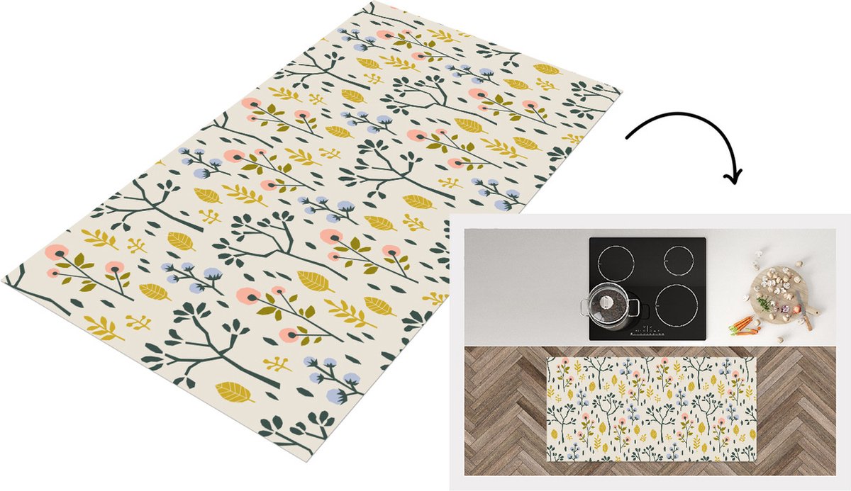 KitchenYeah Keukenloper - Loper keuken - Flora - Patroon - Geel - Roze - 120x60 cm - Keukenloper vinyl Multicolor