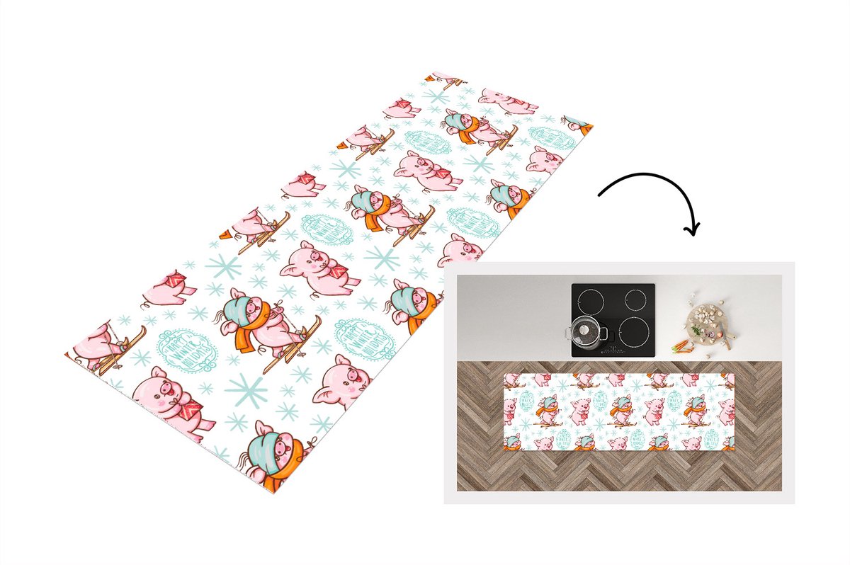 KitchenYeah Keukenloper - Loper keuken - Winter - Varkens - Sneeuw - Patroon - Skiën - 180x60 cm - Keukenloper vinyl Multicolor