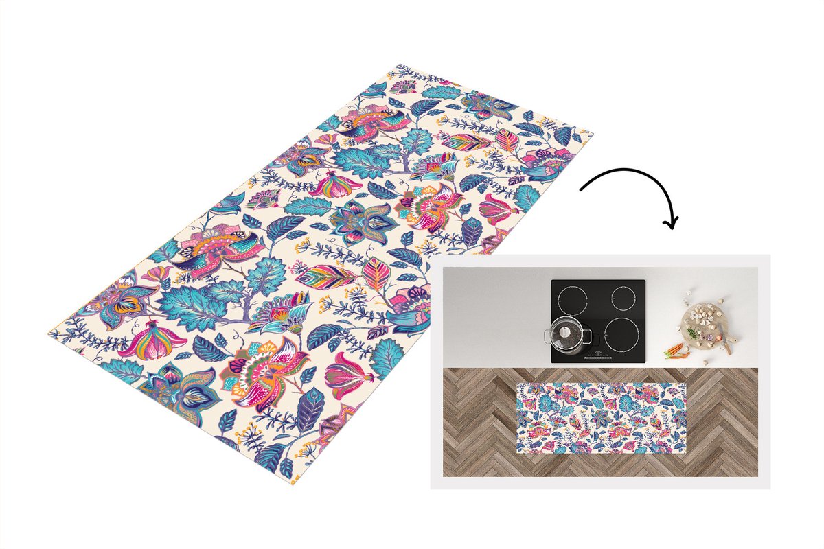 KitchenYeah Keukenloper - Loper keuken - Regenboog - Bloemen - Schets - Patronen - 120x50 cm - Keukenloper vinyl Multicolor