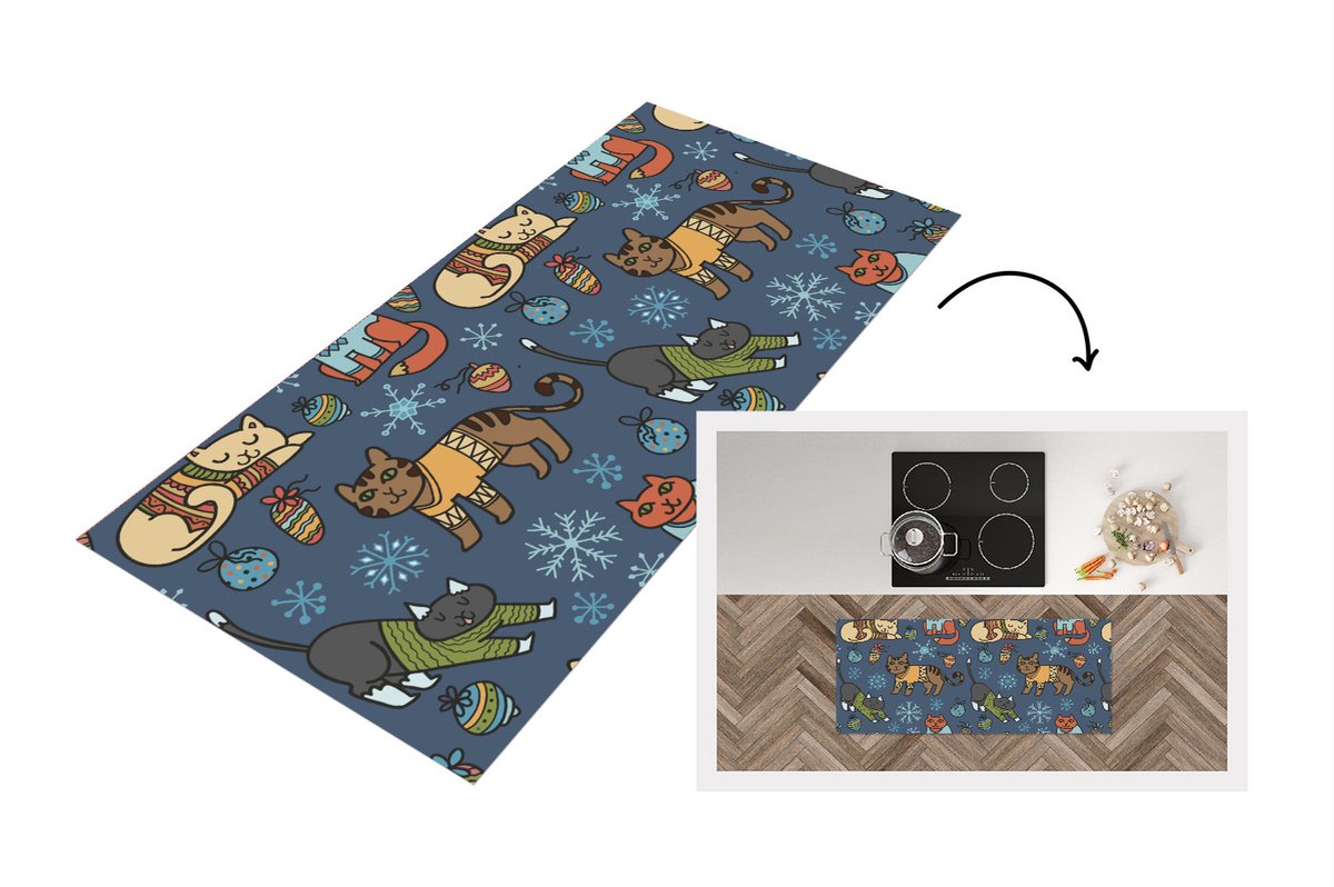 KitchenYeah Keukenloper - Loper keuken - Kat - Dieren - Kerst - Patroon - 120x50 cm - Keukenloper vinyl Multicolor