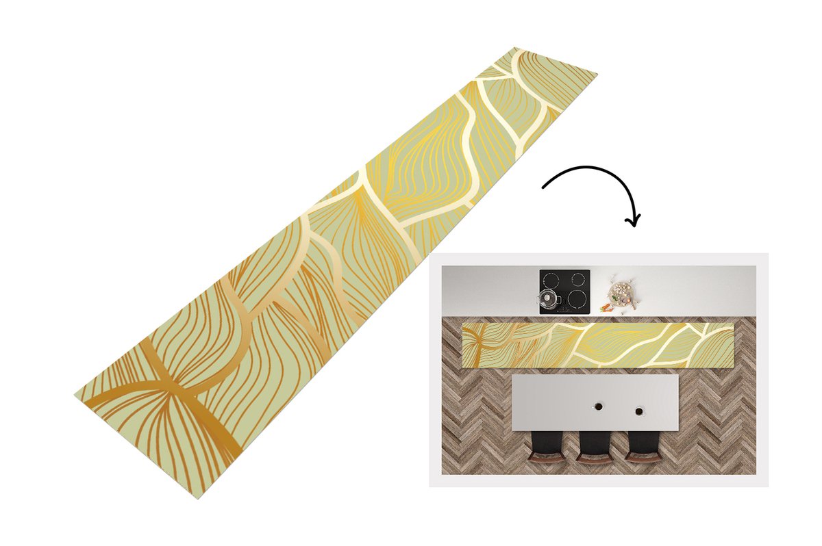 KitchenYeah Keukenloper - Loper keuken - Gouden golven op een groene achtergrond - 300x50 cm - Keukenloper vinyl Multicolor