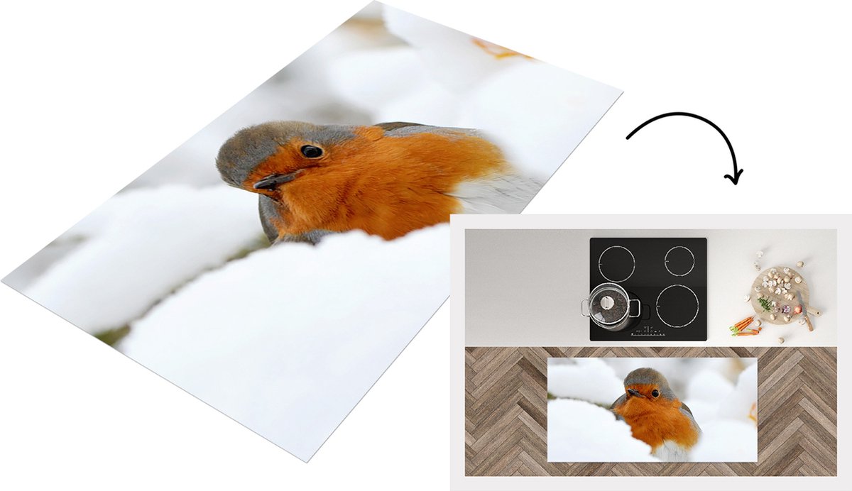 KitchenYeah Keukenloper - Loper keuken - Sneeuw - Roodborstje - Tak - 120x60 cm - Keukenloper vinyl Multicolor