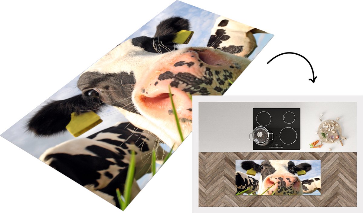KitchenYeah Keukenloper - Loper keuken - Koeien - Boerderij - Gras - 120x50 cm - Keukenloper vinyl Multicolor