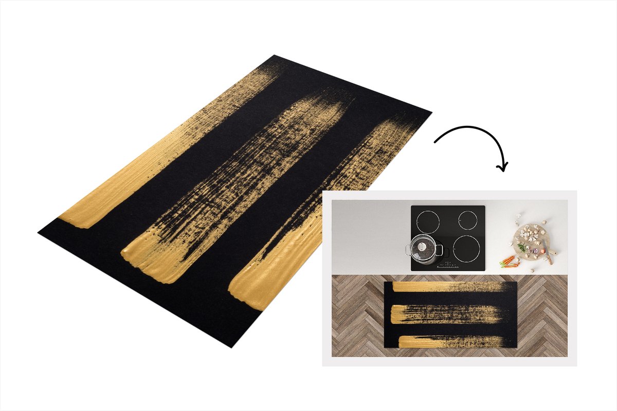 KitchenYeah Keukenloper - Loper keuken - Patroon van gouden verf op een zwarte achtergrond - 120x60 cm - Keukenloper vinyl Multicolor
