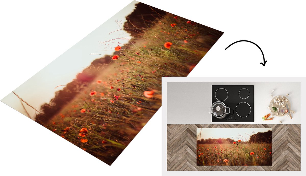 KitchenYeah Keukenloper - Loper keuken - Zonsondergang - Bloemen - Rood - 120x60 cm - Keukenloper vinyl Multicolor