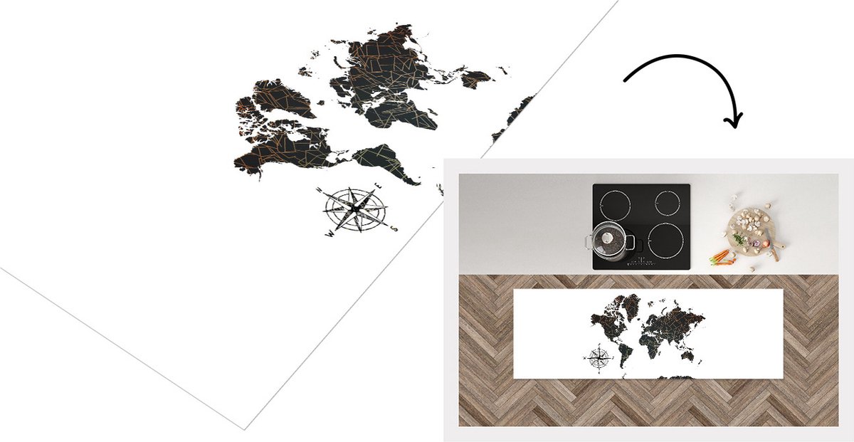 KitchenYeah Keukenloper - Loper keuken - Wereldkaart - Windroos - Zwart - Keukenloper vinyl Multicolor