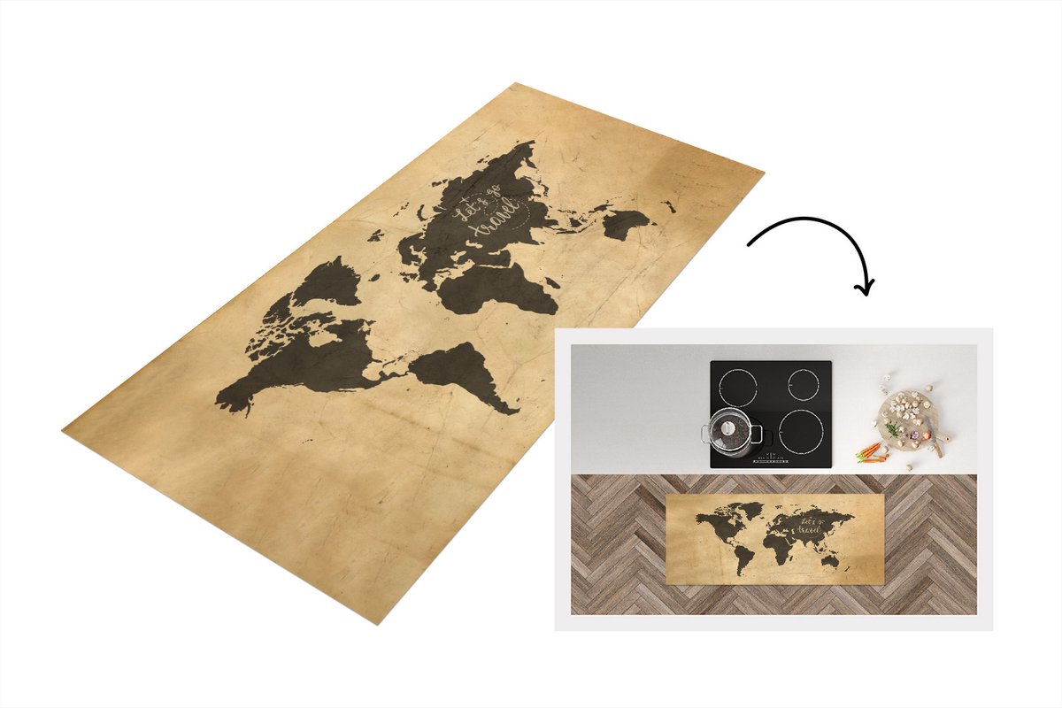 KitchenYeah Keukenloper - Loper keuken - Wereldkaart - Spreuken - Zwart - 120x50 cm - Keukenloper vinyl Multicolor