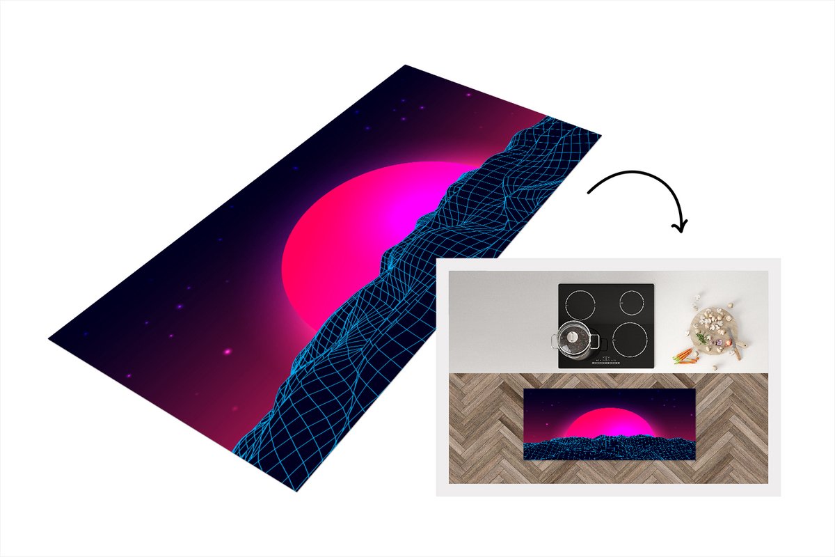 KitchenYeah Keukenloper - Loper keuken - Gaming - Neon - Landschap - 120x50 cm - Keukenloper vinyl Multicolor