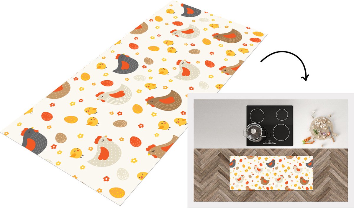 KitchenYeah Keukenloper - Loper keuken - Kip - Eieren - Patroon - 120x50 cm - Keukenloper vinyl Multicolor