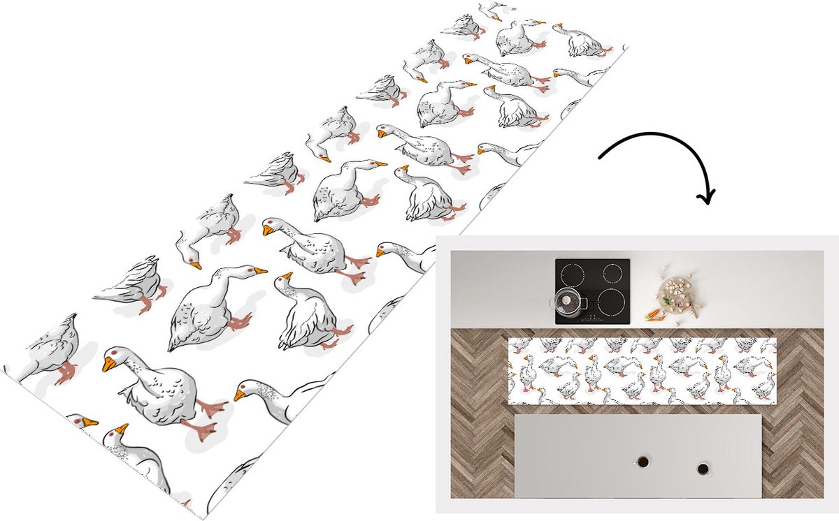 KitchenYeah Keukenloper - Loper keuken - Patroon - Vogel - Gans - 200x50 cm - Keukenloper vinyl Multicolor