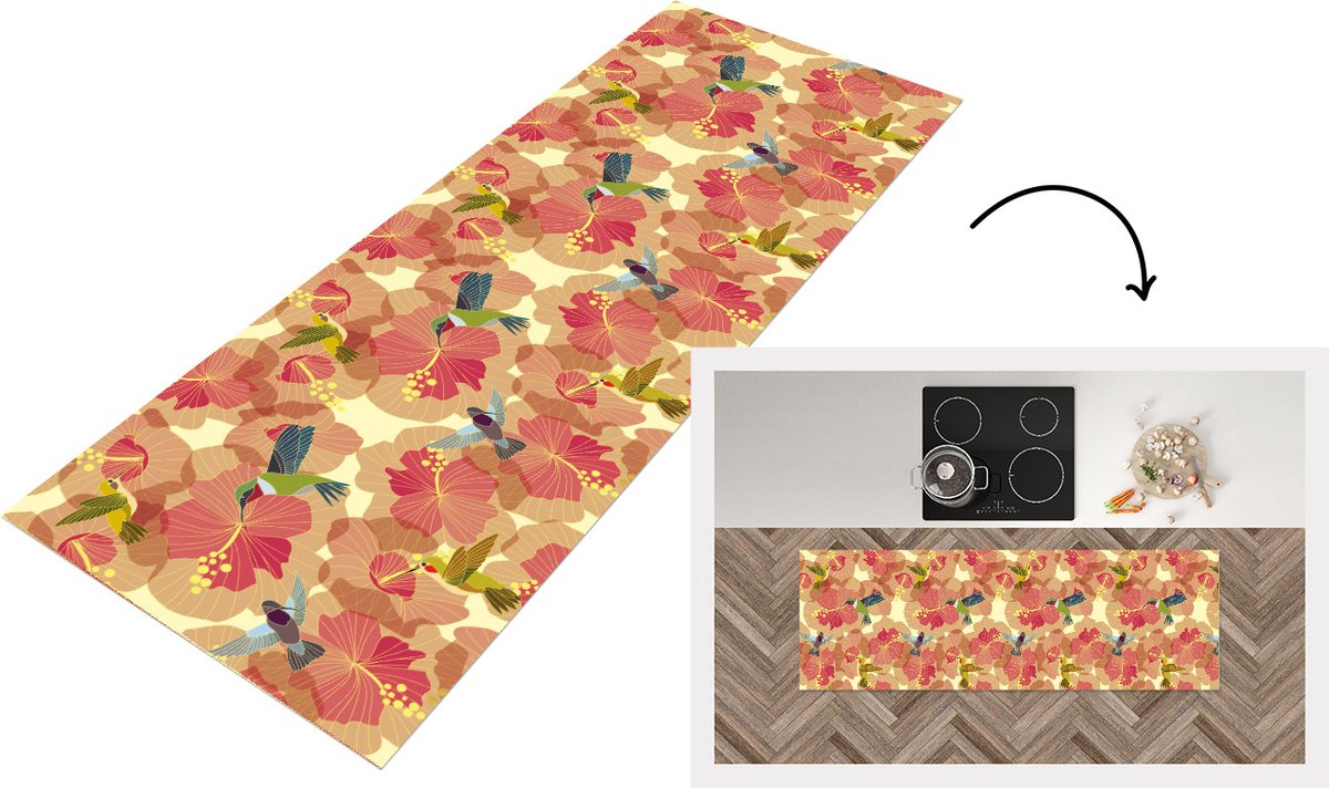 KitchenYeah Keukenloper - Loper keuken - Vogel - Bloemen - Patronen - Kolibrie - 180x60 cm - Keukenloper vinyl Multicolor