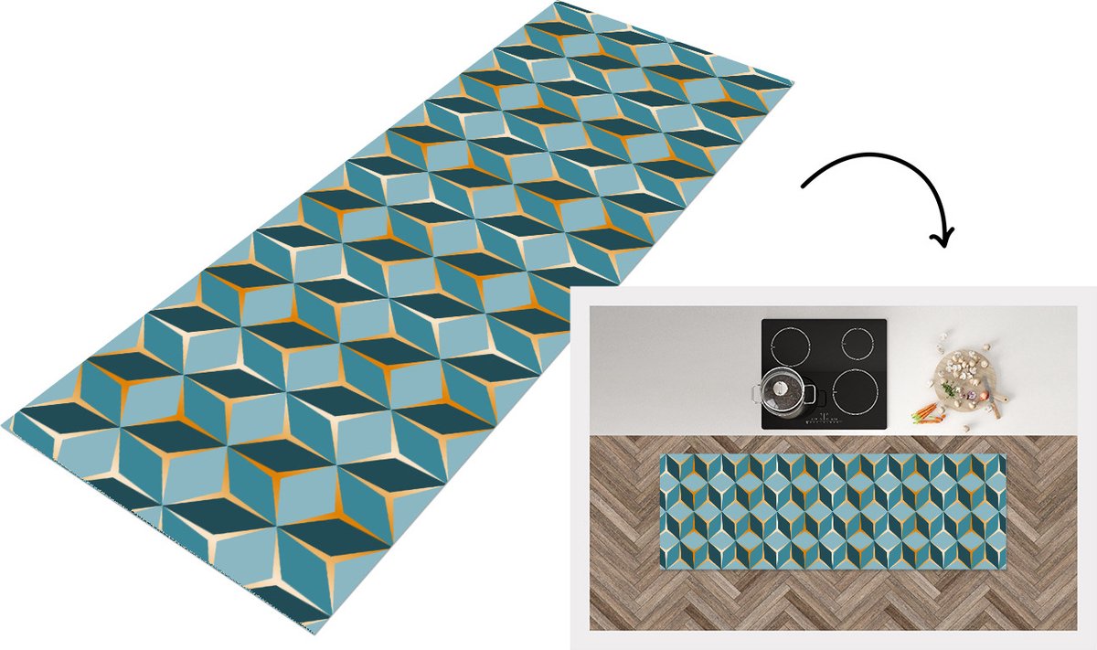 KitchenYeah Keukenloper - Loper keuken - Goud - Blauw - Patroon - Keukenloper vinyl, foto 7