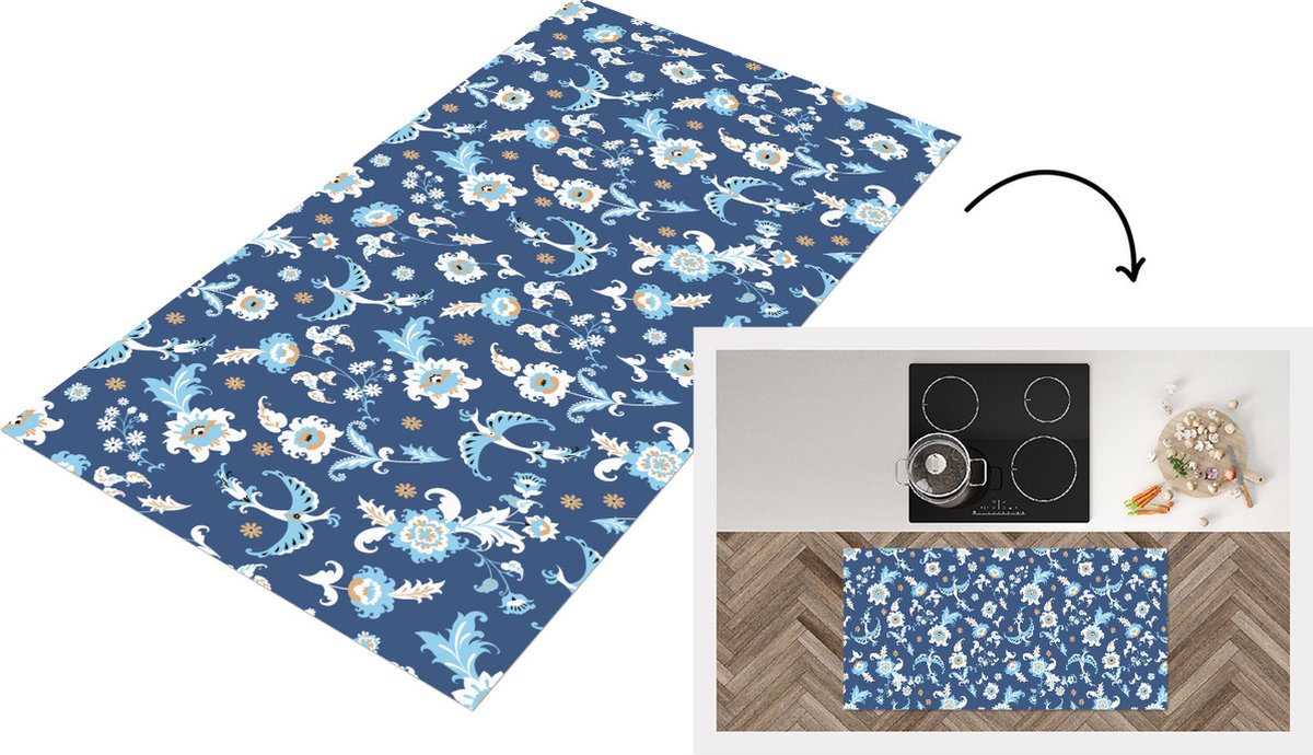 KitchenYeah Keukenloper - Loper keuken - Patroon - Vogel - Bloemen - 120x60 cm - Keukenloper vinyl Multicolor