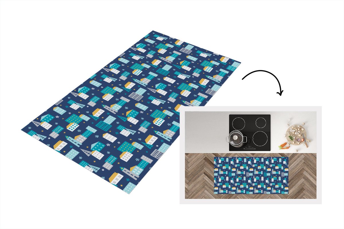 KitchenYeah Keukenloper - Loper keuken - Winter - Stad - Nacht - Patroon - 120x60 cm - Keukenloper vinyl Multicolor