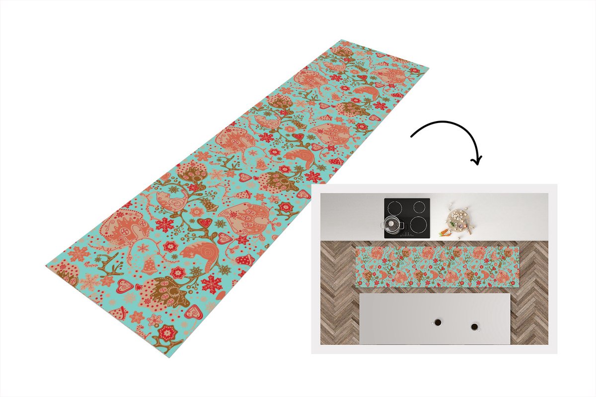 KitchenYeah Keukenloper - Loper keuken - Peperkoekhuisje - Bloemen - Katten - Sneeuwvlok - Patronen - 200x50 cm - Keukenloper vinyl Multicolor