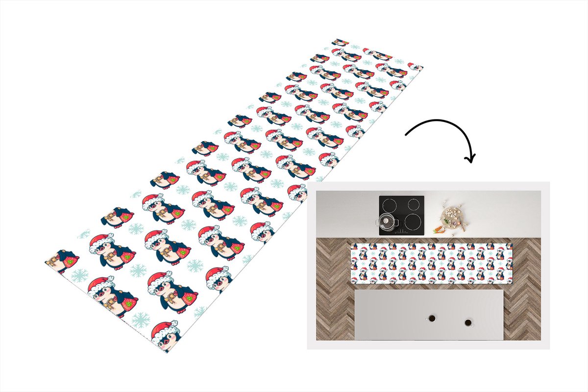 KitchenYeah Keukenloper - Loper keuken - Pinguïn - Kerstmuts - Kind - Patronen - Kerstmis - 200x50 cm - Keukenloper vinyl Multicolor