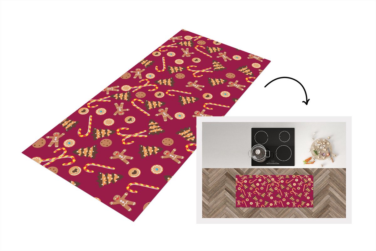 KitchenYeah Keukenloper - Loper keuken - Kerst - Zuurstok - Peperkoek - Patronen - 120x50 cm - Keukenloper vinyl Multicolor