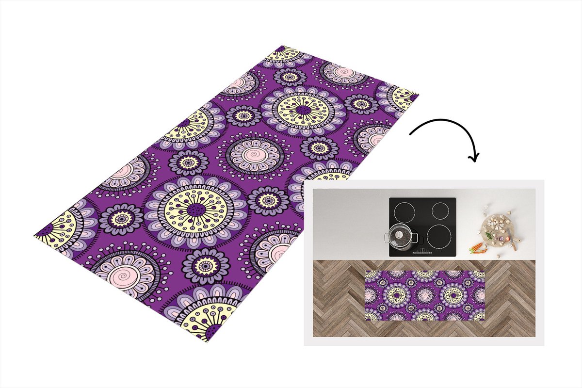 KitchenYeah Keukenloper - Loper keuken - Meisjes - Bloemen - Paars - Patronen - 120x50 cm - Keukenloper vinyl Multicolor