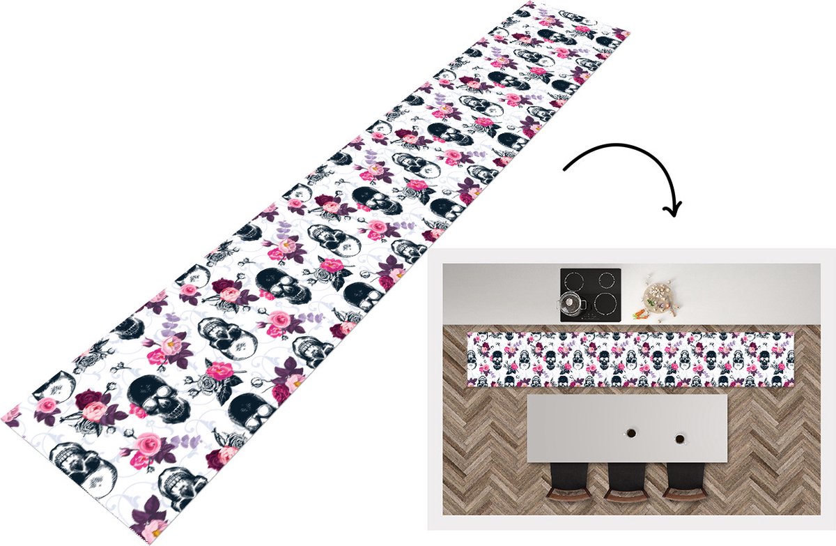 KitchenYeah Keukenloper - Loper keuken - Tieners - Skull - Roos - Patronen - 300x50 cm - Keukenloper vinyl Multicolor