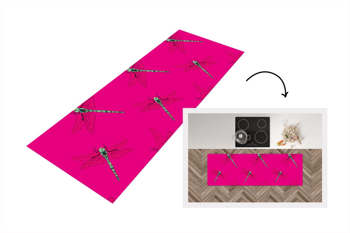 KitchenYeah Keukenloper - Loper keuken - Meiden - Libelle - Insecten - Patronen - 180x60 cm - Keukenloper vinyl Multicolor