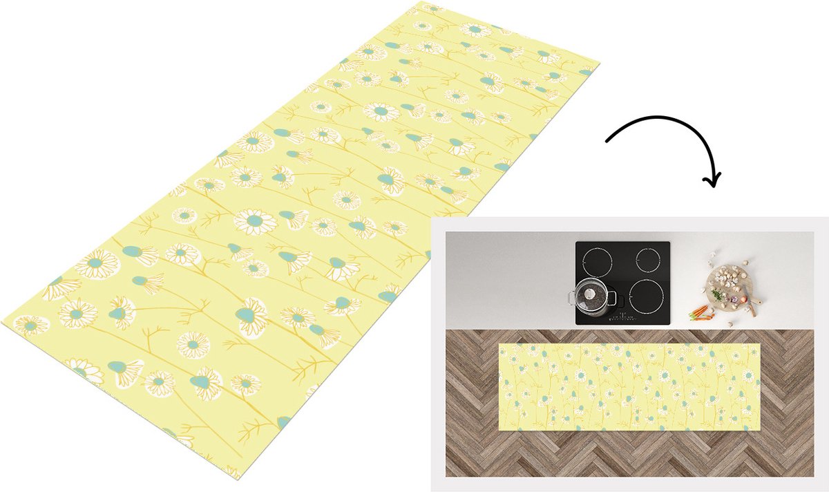 KitchenYeah Keukenloper - Loper keuken - Meiden - Kamille - Bloemen - Patronen - 180x60 cm - Keukenloper vinyl Multicolor