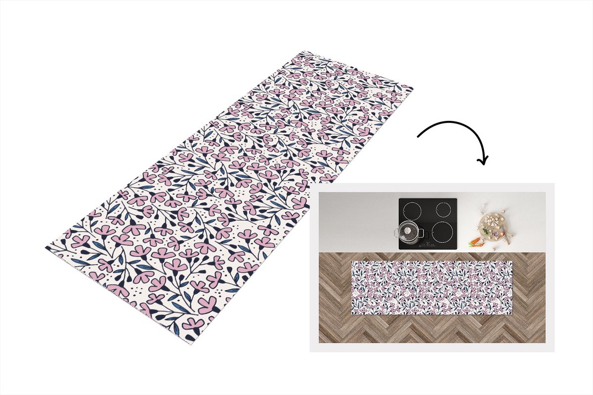 KitchenYeah Keukenloper - Loper keuken - Meiden - Bloemen - Roze - Patronen - 180x60 cm - Keukenloper vinyl Multicolor