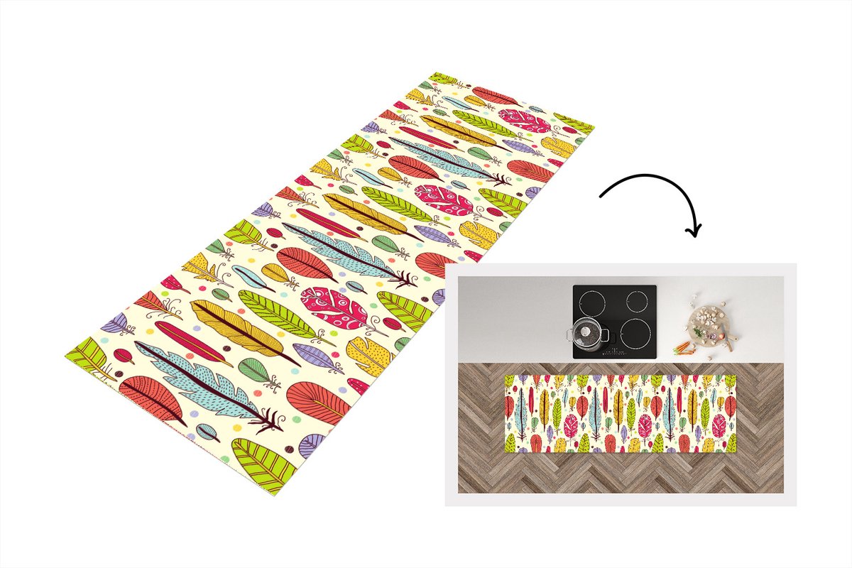 KitchenYeah Keukenloper - Loper keuken - Patroon - Veren - Kleuren - 150x50 cm - Keukenloper vinyl Multicolor