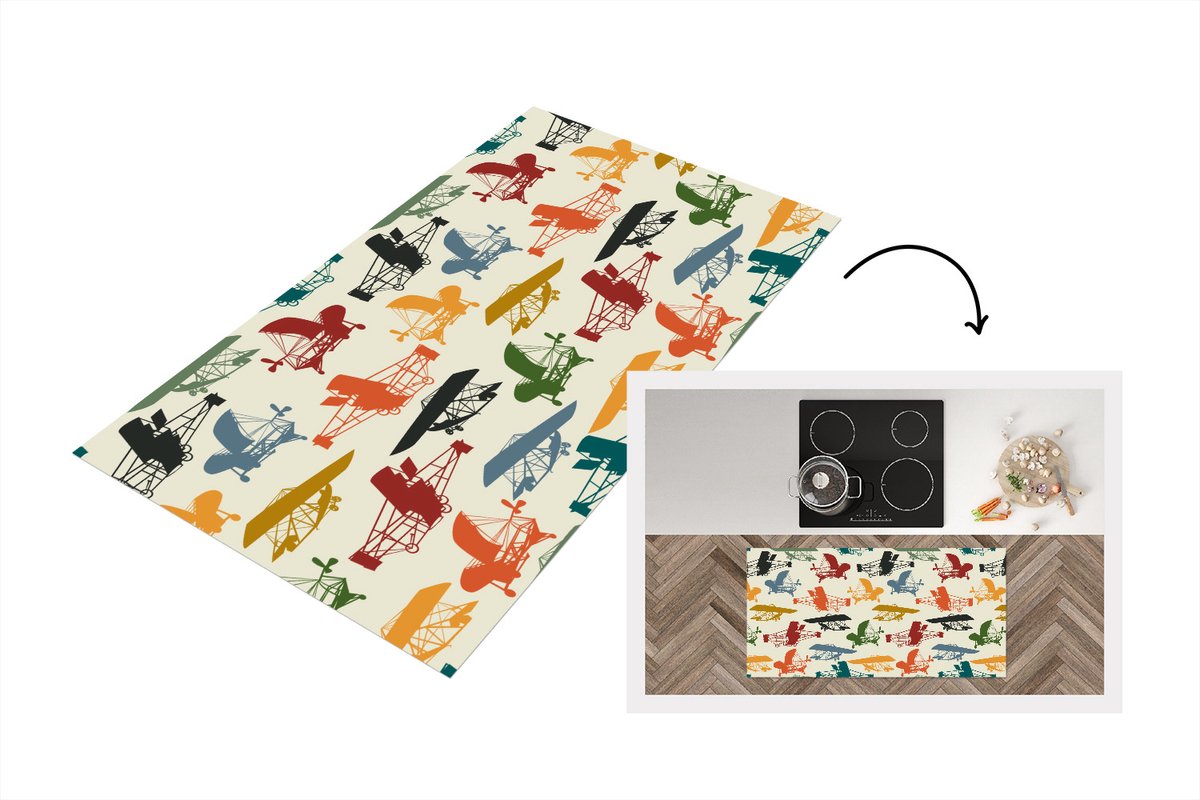 KitchenYeah Keukenloper - Loper keuken - Patronen - Vliegtuig - Retro - 120x60 cm - Keukenloper vinyl Multicolor