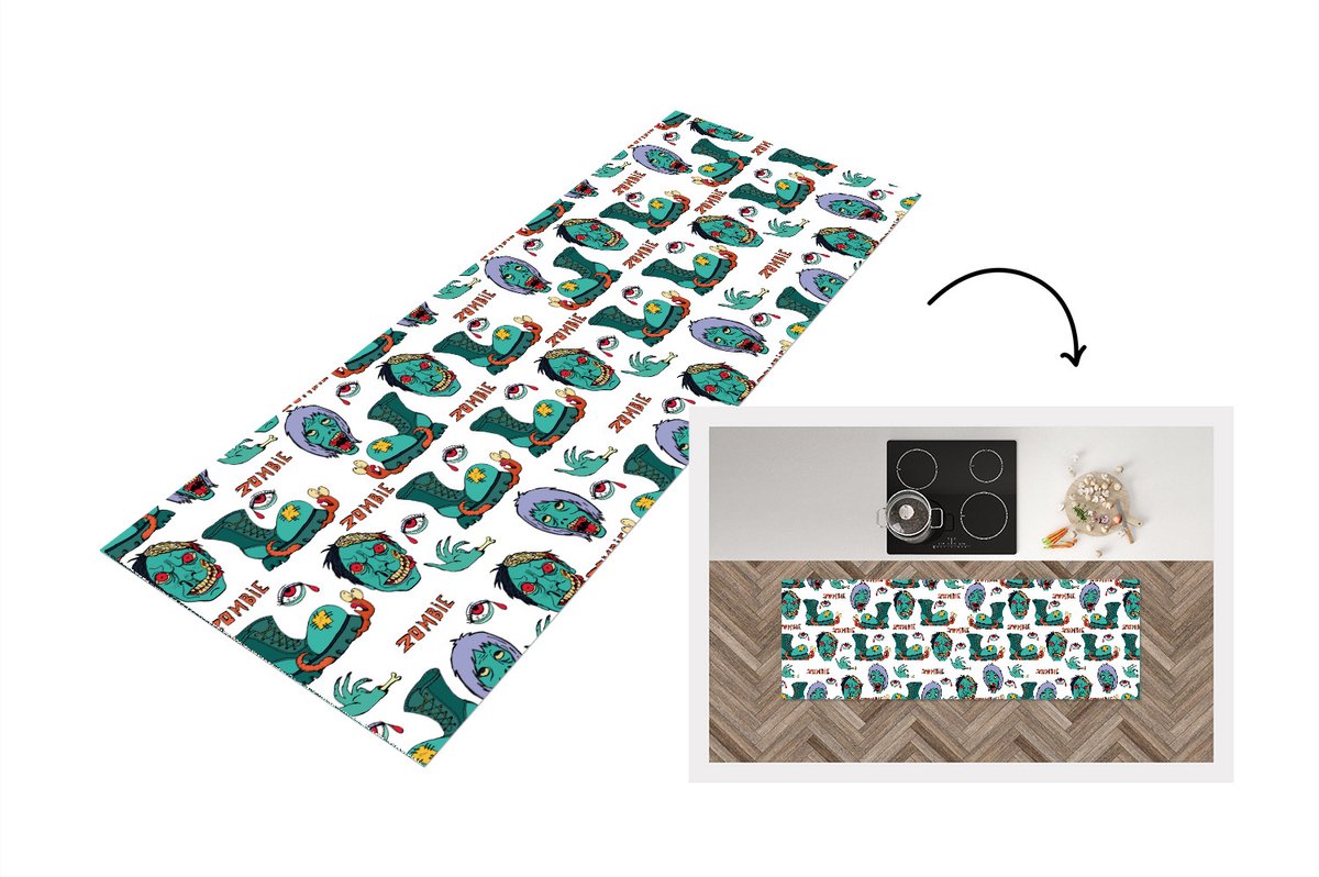 KitchenYeah Keukenloper - Loper keuken - Tiener - Zombie - Schoenen - Patronen - 150x50 cm - Keukenloper vinyl Multicolor