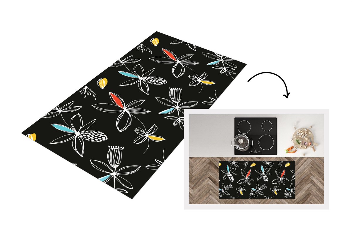 KitchenYeah Keukenloper - Loper keuken - Bloemen - Line Art - Patronen - 120x60 cm - Keukenloper vinyl Multicolor