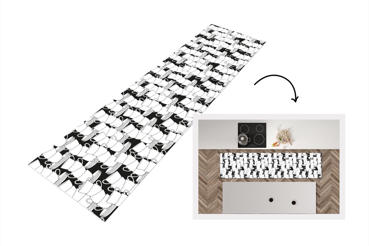KitchenYeah Keukenloper - Loper keuken - Patronen - Zwart wit - Kopjes - Thee - 200x50 cm - Keukenloper vinyl Zwart; Wit