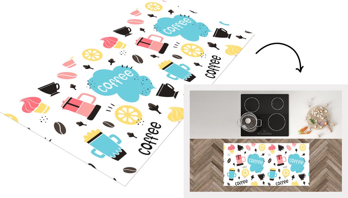 KitchenYeah Keukenloper - Loper keuken - Patronen - Koffiebonen - Koffie - IJs - 120x60 cm - Keukenloper vinyl Multicolor