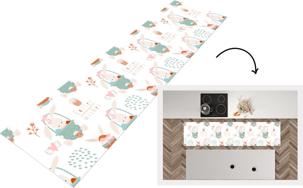 KitchenYeah Keukenloper - Loper keuken - Pasen - Patroon - Paasmand - 240x60 cm - Keukenloper vinyl Multicolor