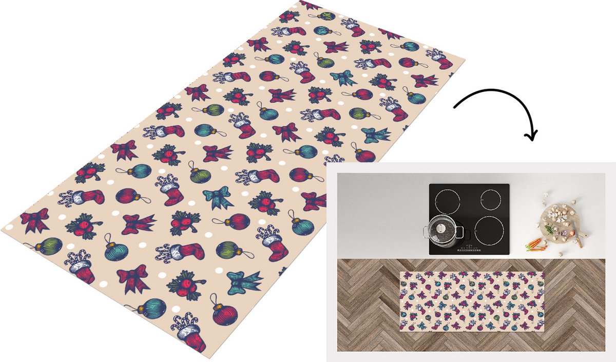 KitchenYeah Keukenloper - Loper keuken - Patronen - Kerst - Kerstballen - Strik - 120x50 cm - Keukenloper vinyl Multicolor