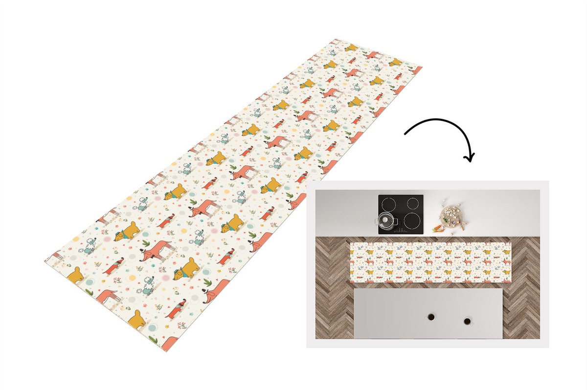 KitchenYeah Keukenloper - Loper keuken - Hond - Teckel - Patronen - Bloemen - 200x50 cm - Keukenloper vinyl Multicolor