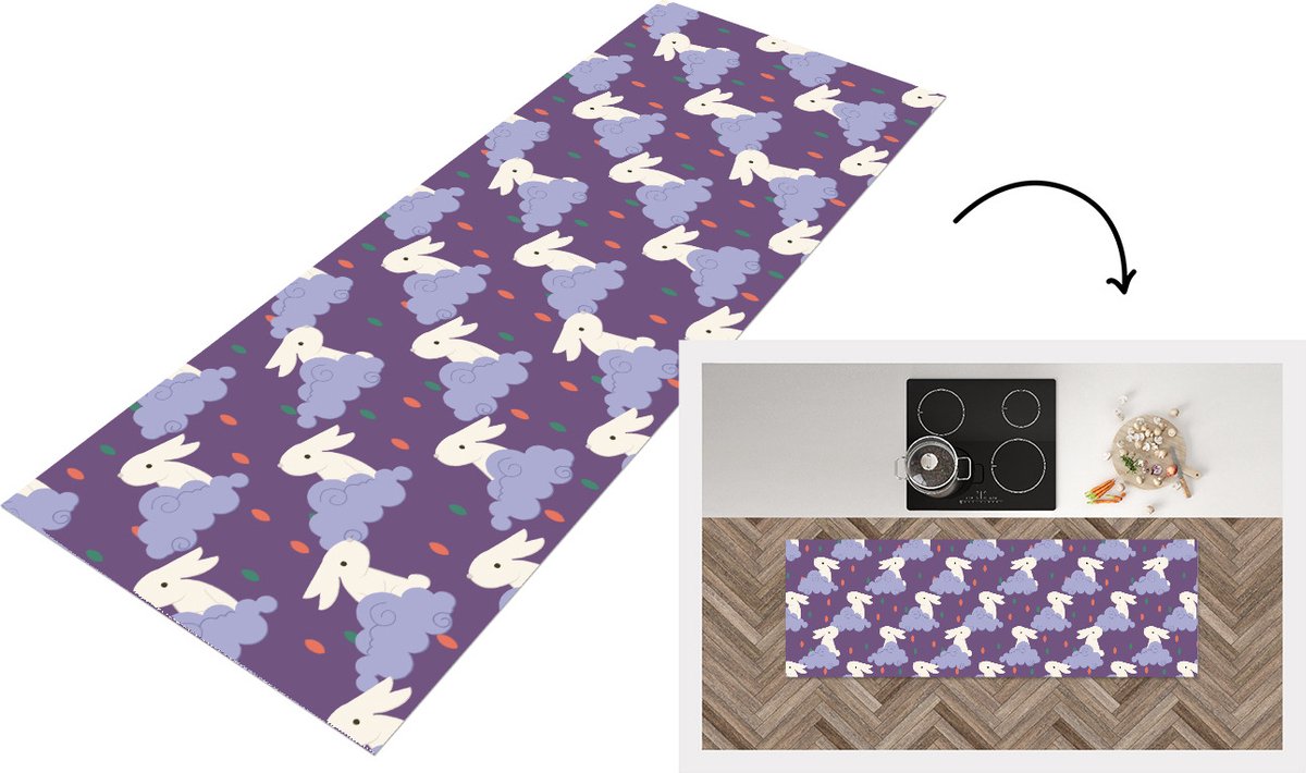 KitchenYeah Keukenloper - Loper keuken - Patronen - Konijn - Lucht - 150x50 cm - Keukenloper vinyl Multicolor