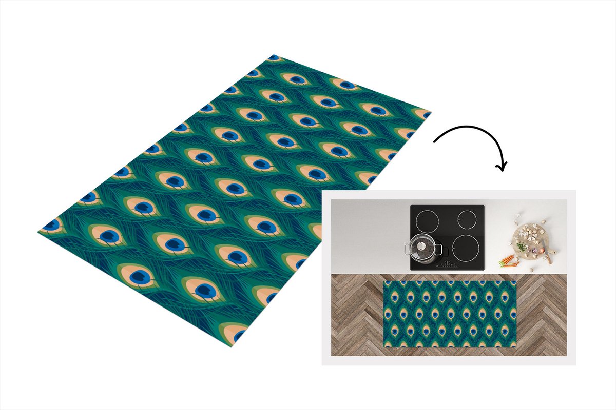 KitchenYeah Keukenloper - Loper keuken - Design - Pauw - Veren - Groen - Blauw - 120x60 cm - Keukenloper vinyl Multicolor