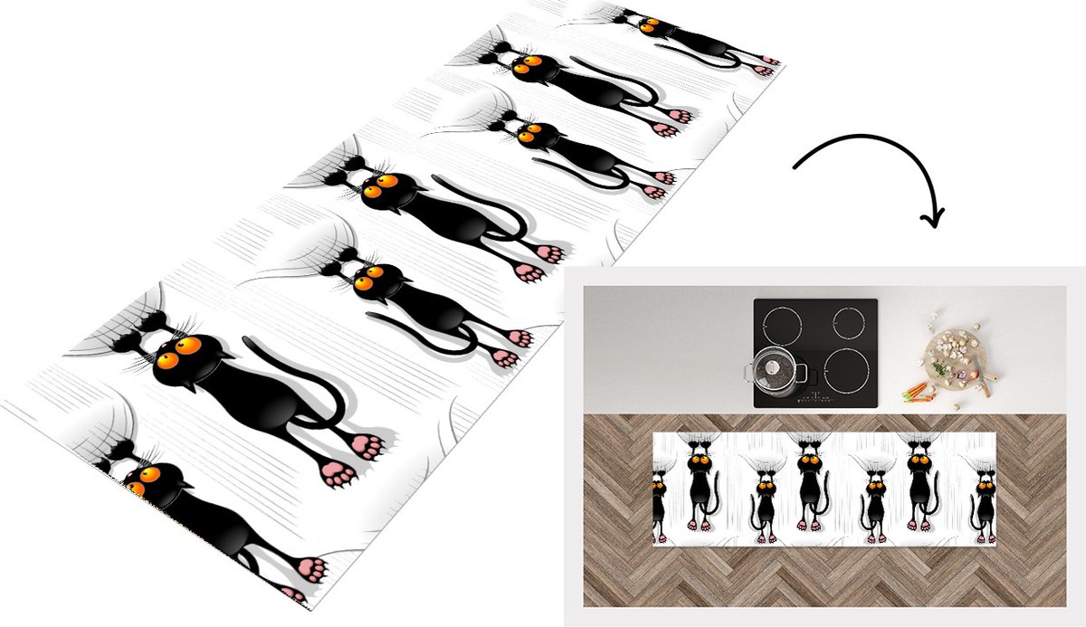 KitchenYeah Keukenloper - Loper keuken - Patroon - Kat - Zwart - Keukenloper vinyl, foto 5