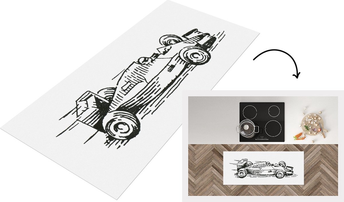 KitchenYeah Keukenloper - Loper keuken - Een zwart-witte illustratie van de raceauto van Formule 1 - 120x50 cm - Keukenloper vinyl Zwart; Wit