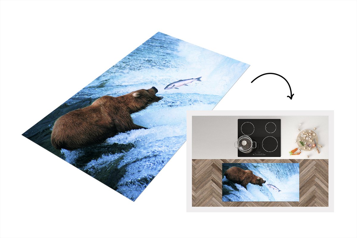 KitchenYeah Keukenloper - Loper keuken - Beer - Vis - Waterval - 120x60 cm - Keukenloper vinyl Multicolor