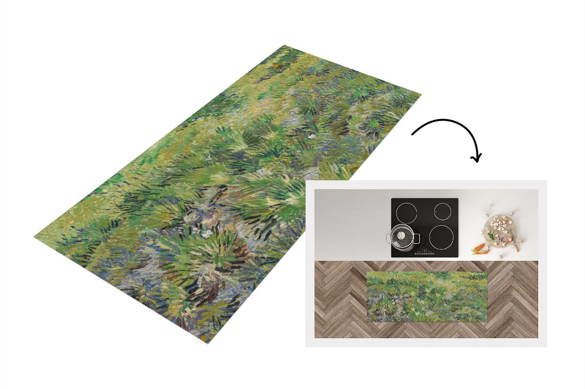 KitchenYeah Keukenloper - Loper keuken - Grasveld met bloemen en vlinders - Vincent van Gogh - 120x50 cm - Keukenloper vinyl Multicolor