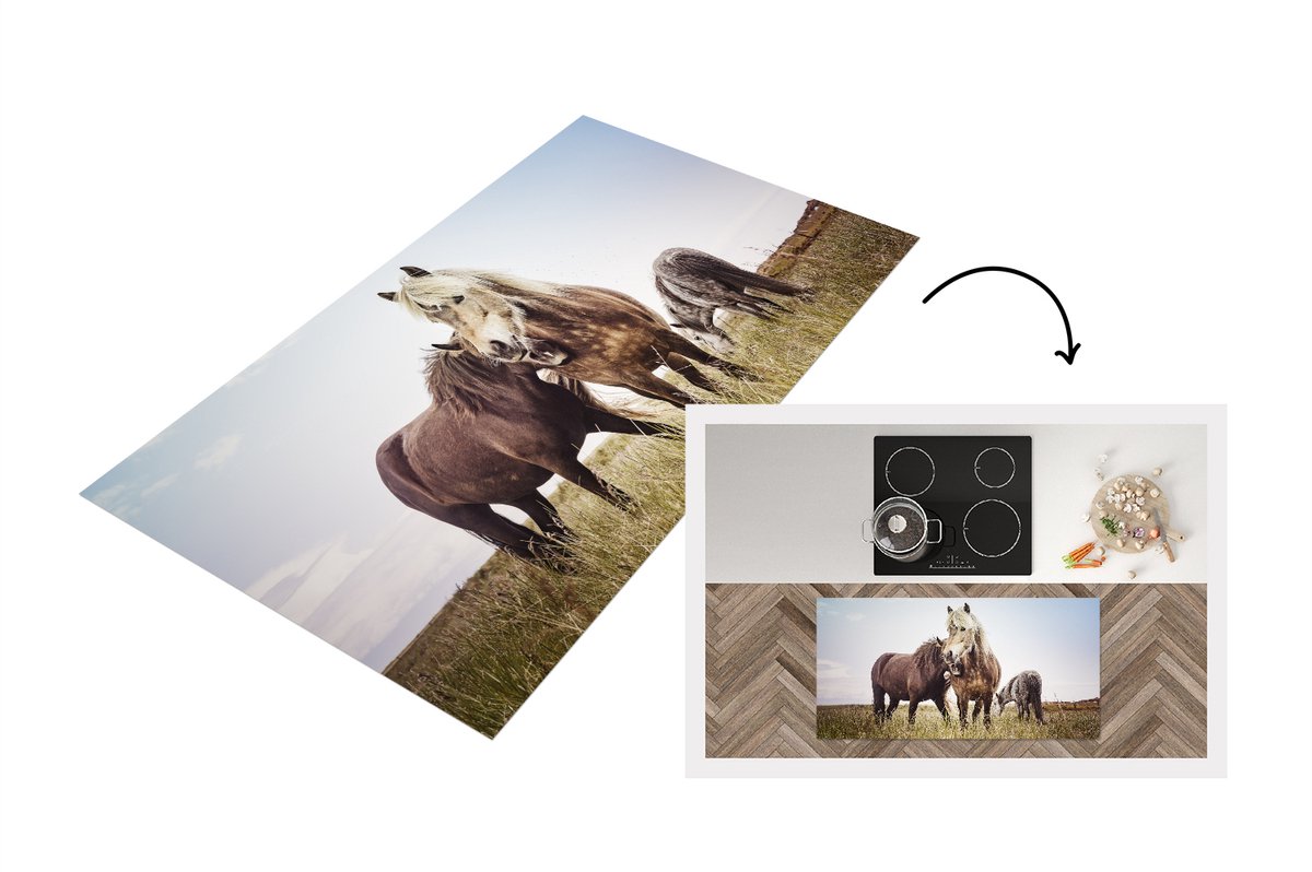 KitchenYeah Keukenloper - Loper keuken - Paarden - Gras - Lente - 120x60 cm - Keukenloper vinyl Multicolor