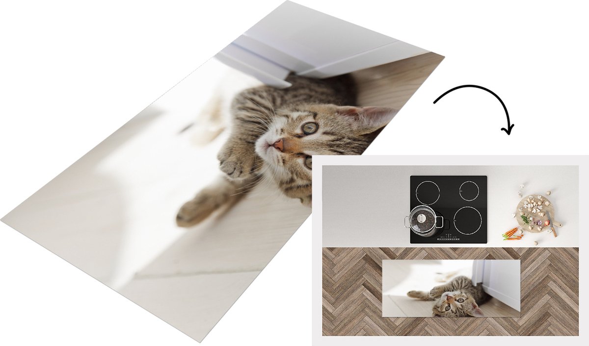 KitchenYeah Keukenloper - Loper keuken - Kitten - Zon - Bruin - 120x50 cm - Keukenloper vinyl Multicolor